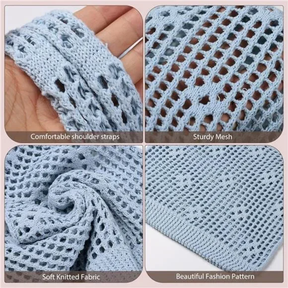 Crochet Tote Bag, Mesh Beach Bag Blue - Picture 3 of 7